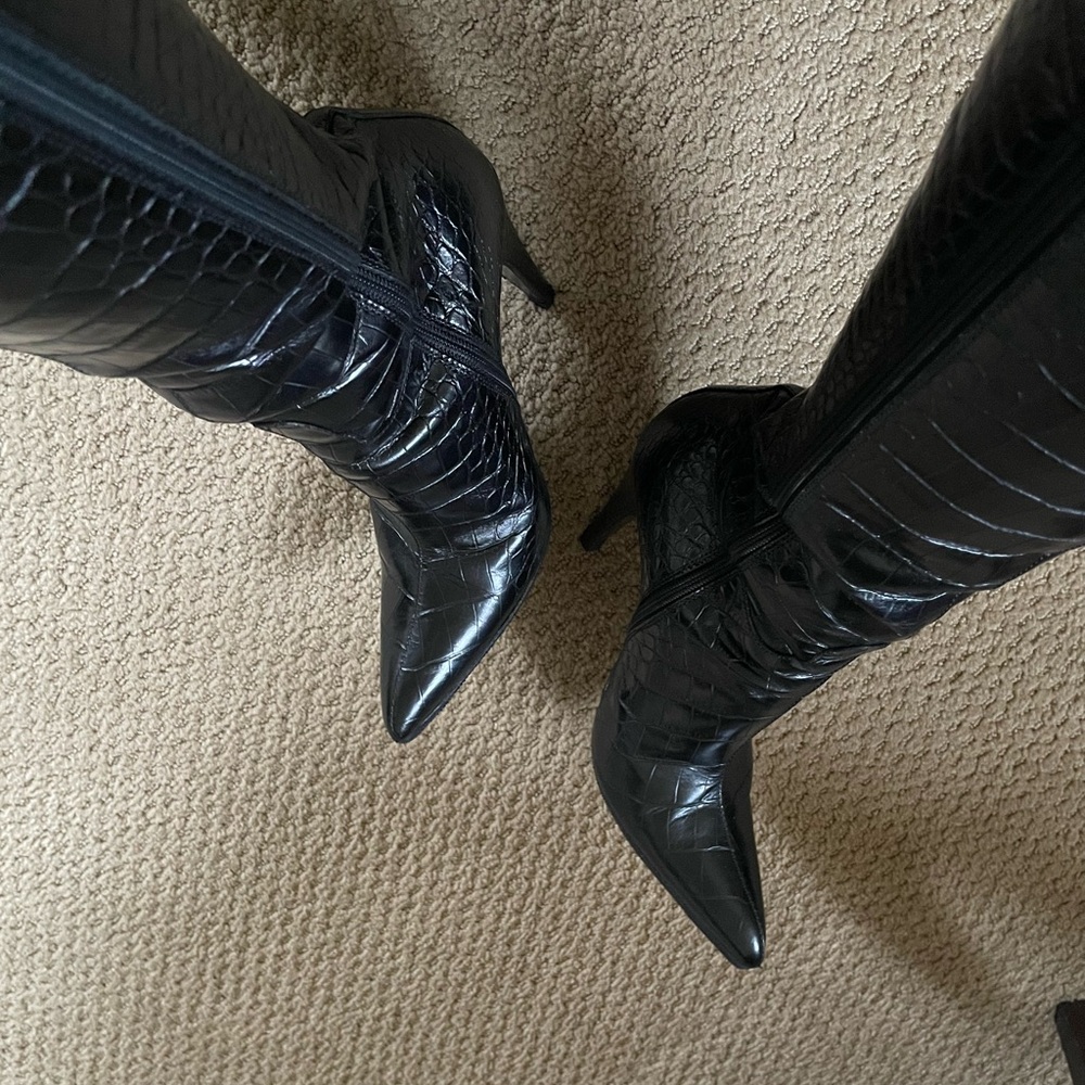 Prada Black Croc-Embossed Heeled Boots - Picture 5 of 10